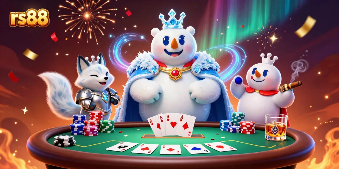Engage with the festive rs88 poker scene featuring royal characters and vibrant casino elements.