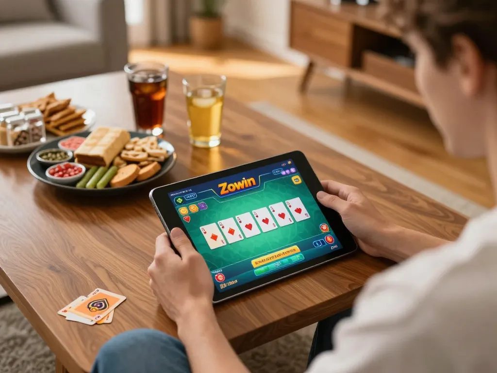 Zowin card game setup with player engaging on tablet in cozy home environment