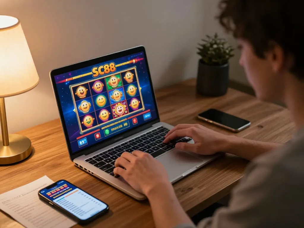 Player enjoying SC88-themed online slots on laptop, showcasing responsible bankroll management methods.