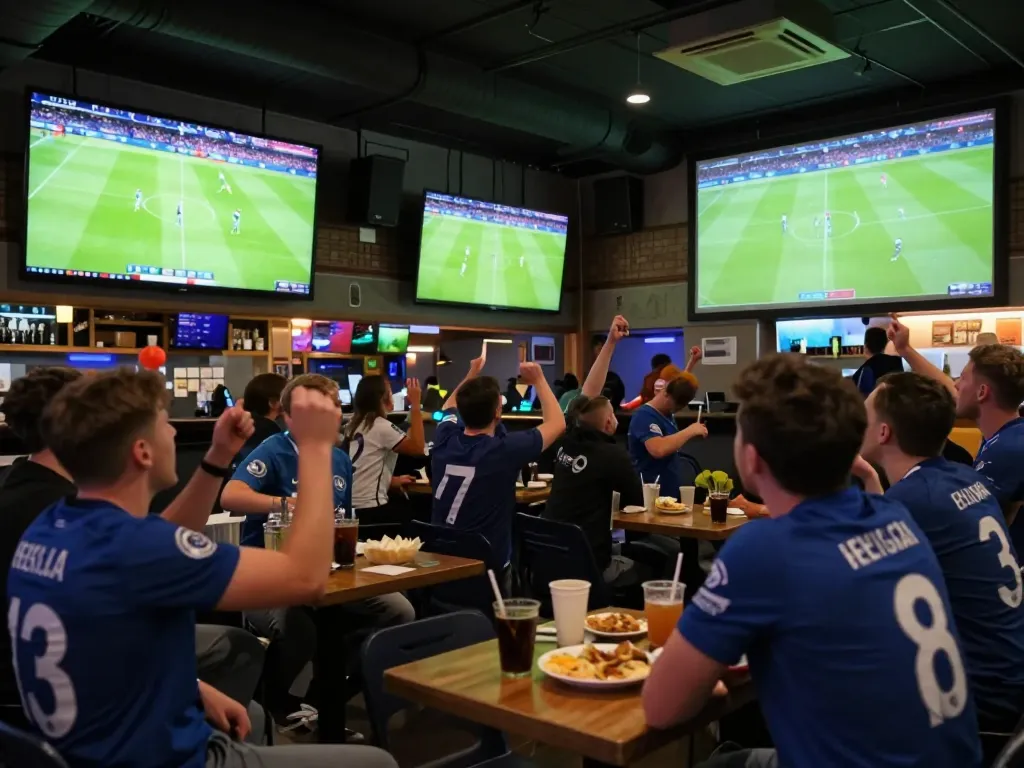 Engage in trực tiếp bóng đá Chelsea with passionate fans cheering at a lively sports bar.