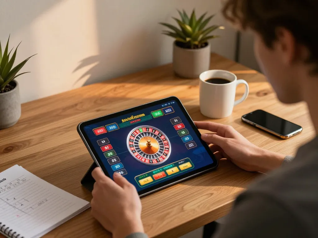 Engaging in online roulette gaming with legge on a tablet in a cozy home office
