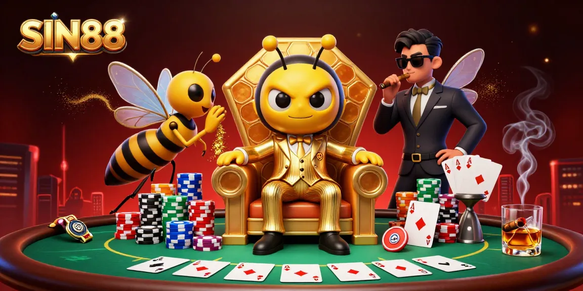 SIN88 features an illustration of a cartoon bumblebee mob boss presiding over a vibrant casino scene.