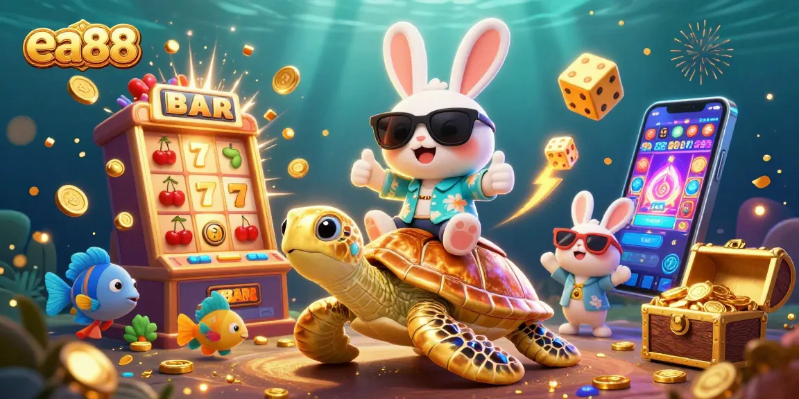 Play at ea88 and win big with our lucky rabbit and golden turtle in a vibrant casino scene!