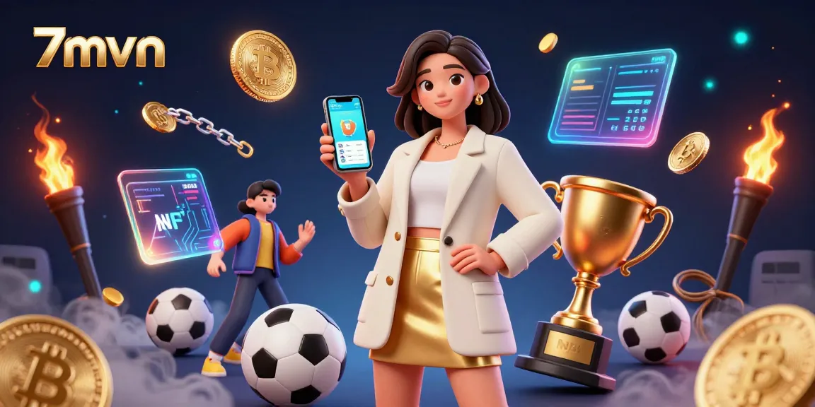 Engage in sports betting with exciting 7mvn, featuring a cheerful woman and dynamic gaming elements.