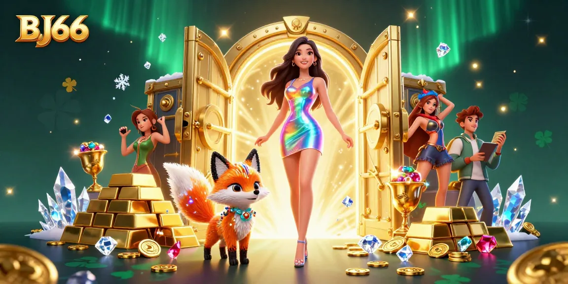 Experience thrilling moments at BJ66 with a dazzling gaming atmosphere featuring vibrant characters and treasure elements.