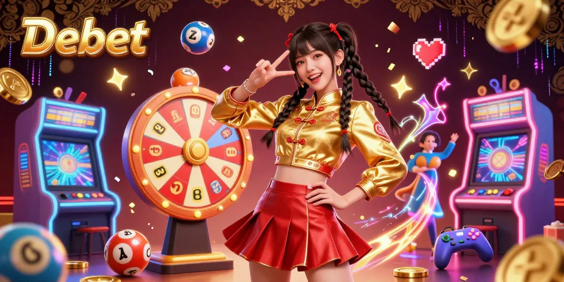 Join Debet's exciting world of gaming with lottery balls, a prize wheel, and vibrant casino elements.