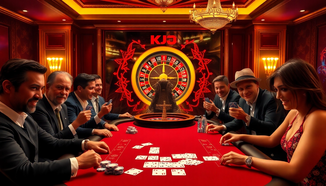 KJC casino players engaging in a high-stakes poker game with excitement and strategy.