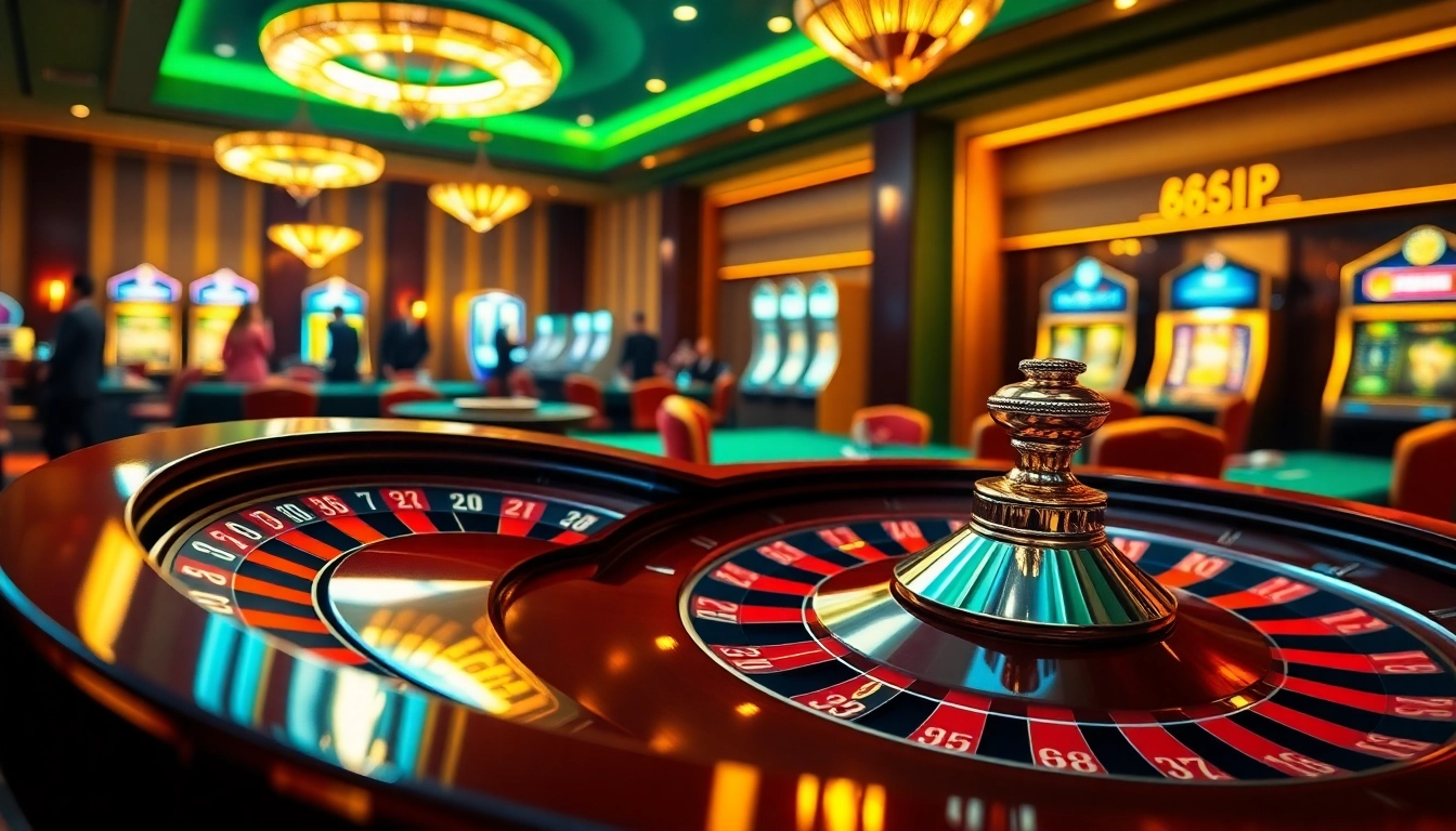 Experience thrilling gaming at 68VIP, featuring luxurious casino tables and vibrant slot machines.