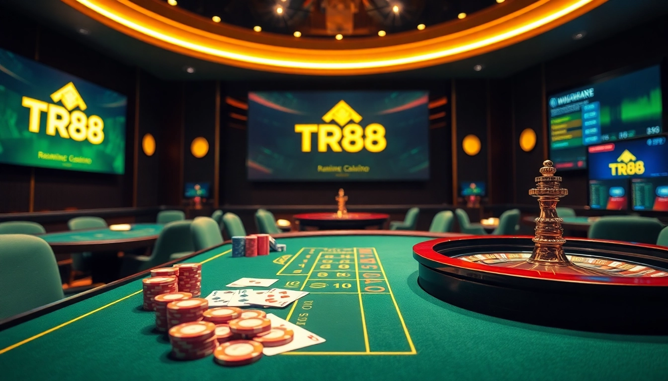 Engaging TR88 poker game setup with vibrant chips, cards, and roulette wheel illustrating high-stakes gambling.