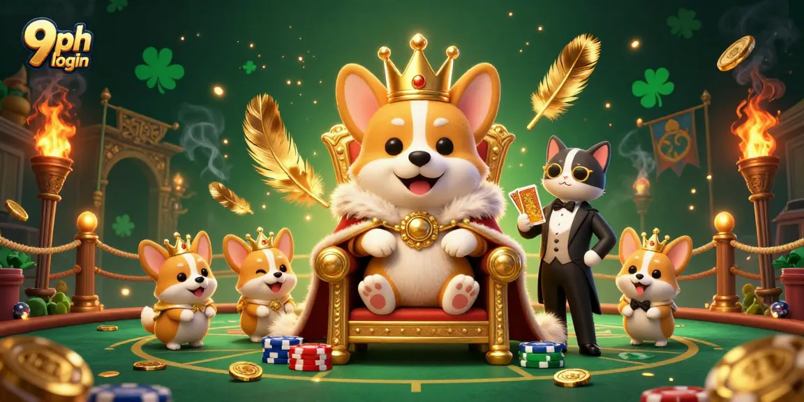 Experience the thrill of winning with 9ph login in this vibrant casino illustration featuring royal corgis.