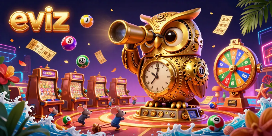Experience the excitement of eviz with a vibrant 3D casino scene featuring a clockwork owl and lively game elements.