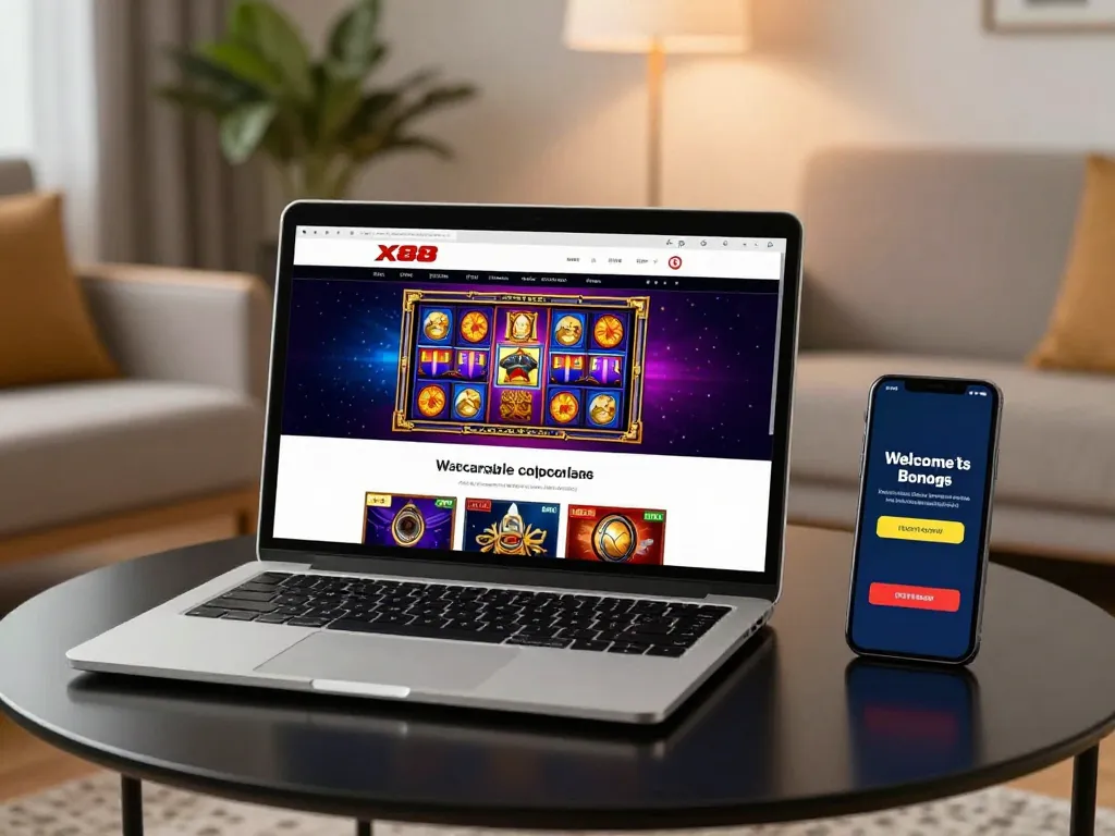 X88 online casino gaming setup with laptop and smartphone showcasing exciting games and bonuses in a cozy living room atmosphere.