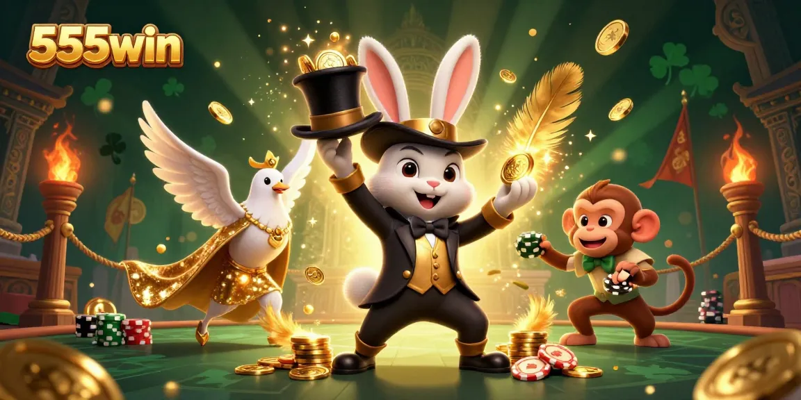Experience the thrill at 555win with a magician rabbit conjuring coins and casino excitement!