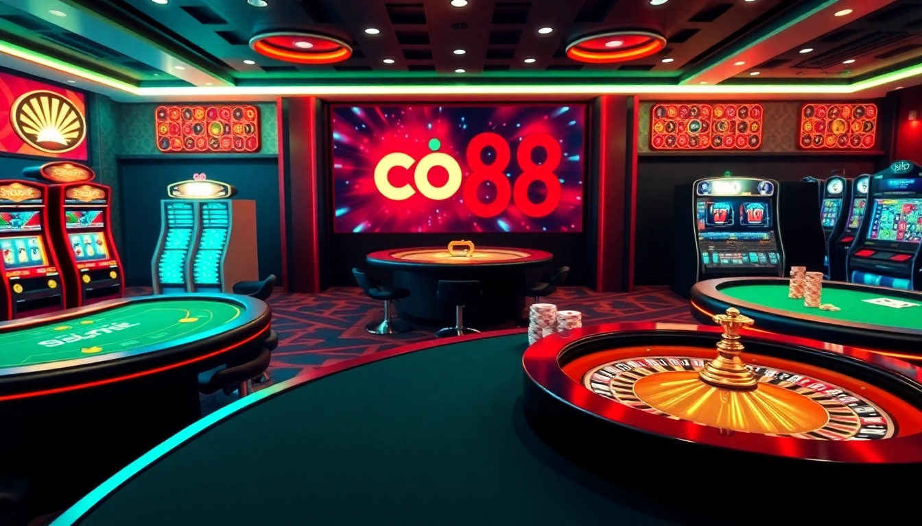 Experience the thrill of co88 with an immersive online casino featuring vibrant tables, slot machines, and digital betting interfaces.
