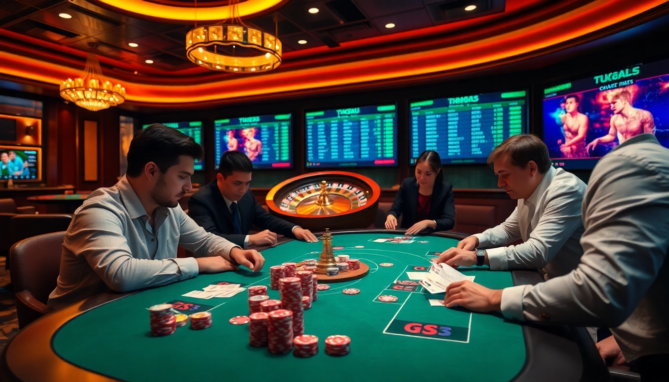 Players enjoying a thrilling poker game at TX88 casino with vibrant chips and elegant ambiance.