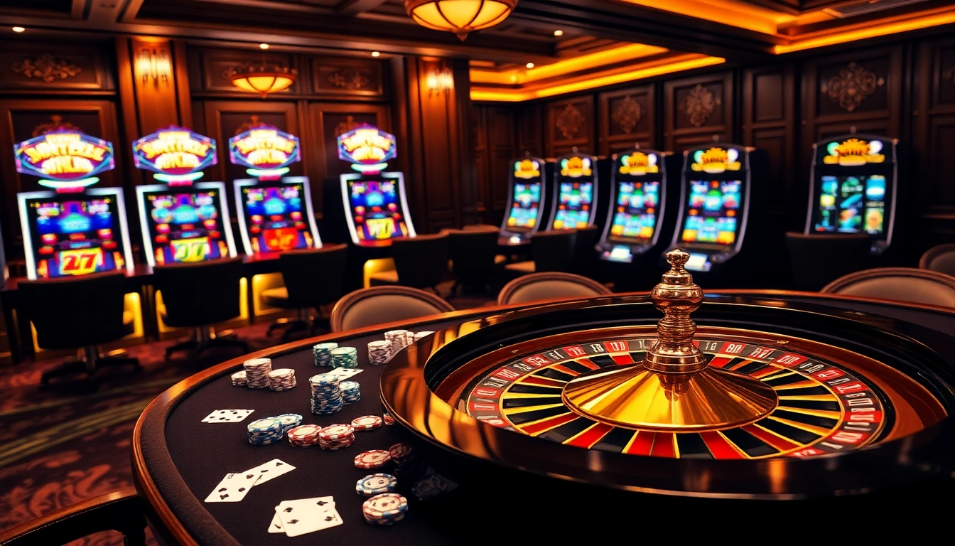 Experience the luxury of ee88 through an exciting casino scene filled with vibrant gambling elements and elegant decor.