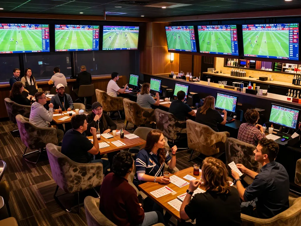 Engaged bettors analyzing odds while enjoying a lively atmosphere during a football match, showcasing ผลบอล excitement.