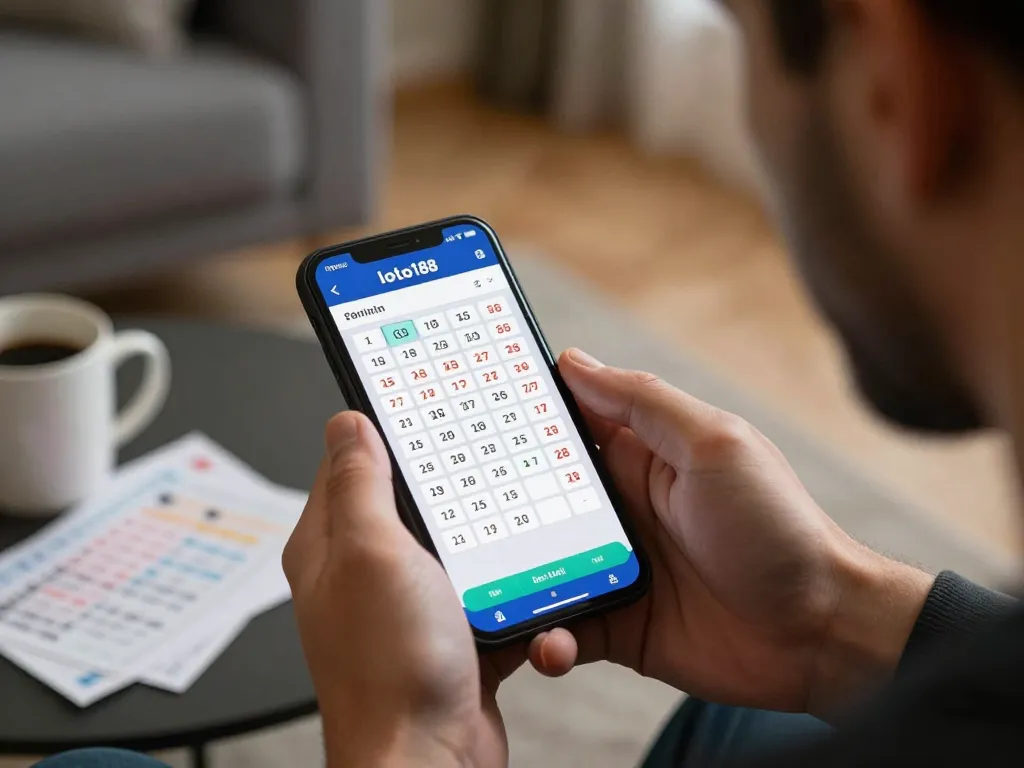 Engaged player exploring loto188 lottery app on smartphone in cozy home atmosphere
