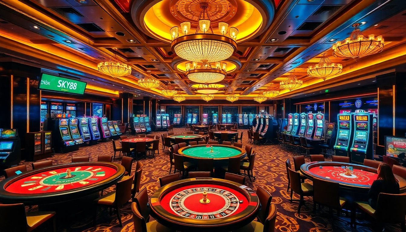 Experience the thrill of gambling at SKY88, with vibrant tables and luxurious decor.