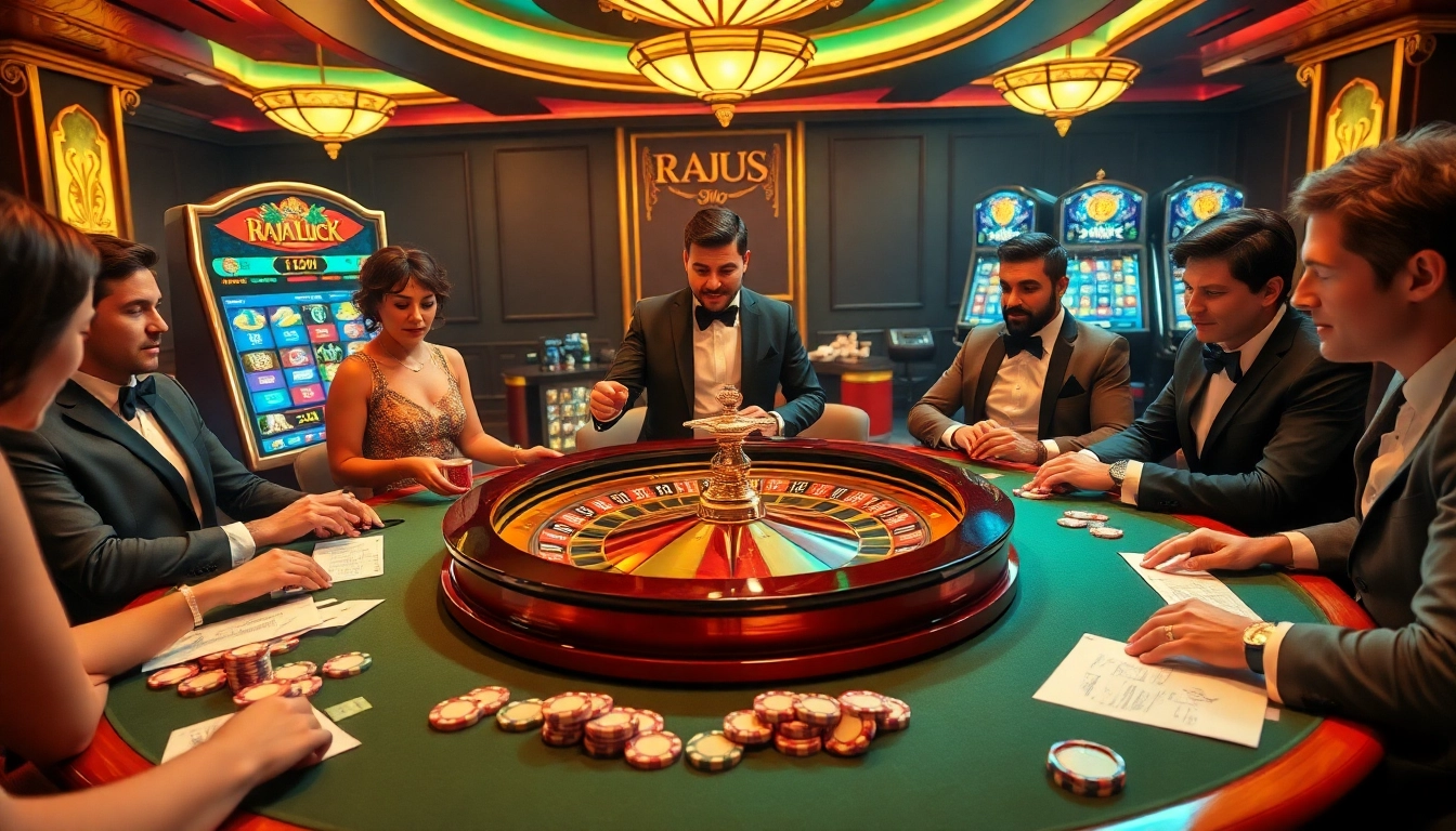 Raja Luck-inspired casino scene showcasing a glamorous roulette table and excited players.