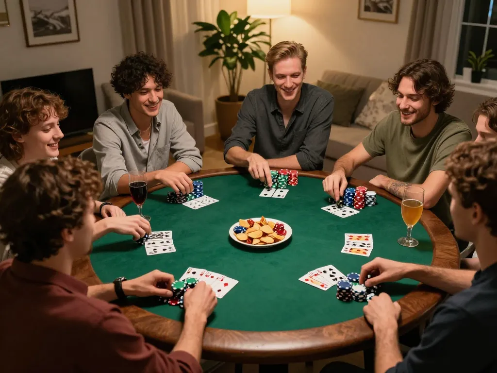 Friends enjoying an exciting poker night at home, showcasing interaction and strategy with okking atmosphere