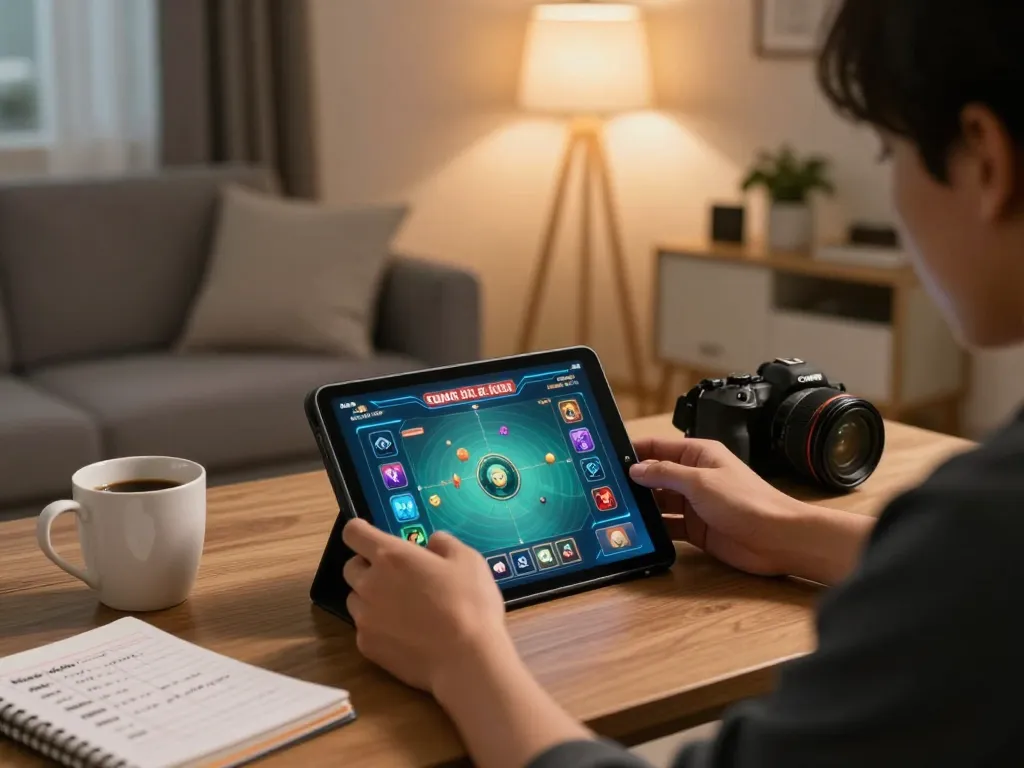Engaging in Game bài đổi thưởng at home with tablet and strategy notes visible