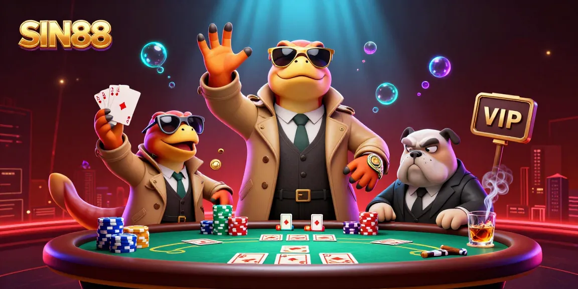 SIN88 animated characters engaging in poker for a thrilling casino experience