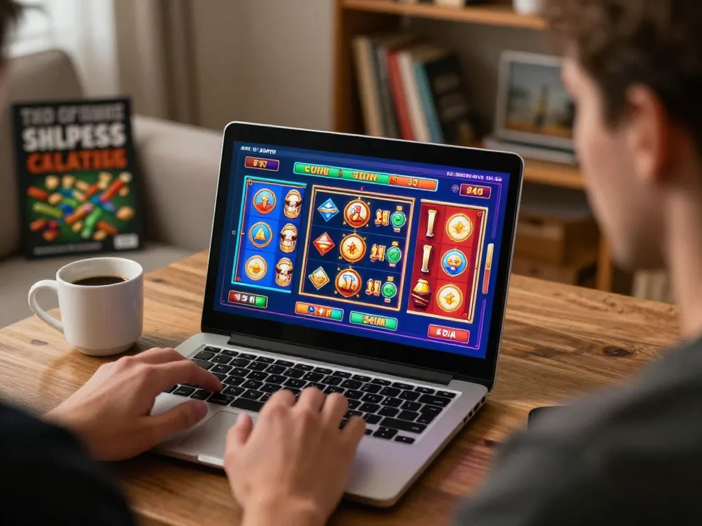 Engaged player on LV88 online casino using laptop for slot games in a cozy setting.