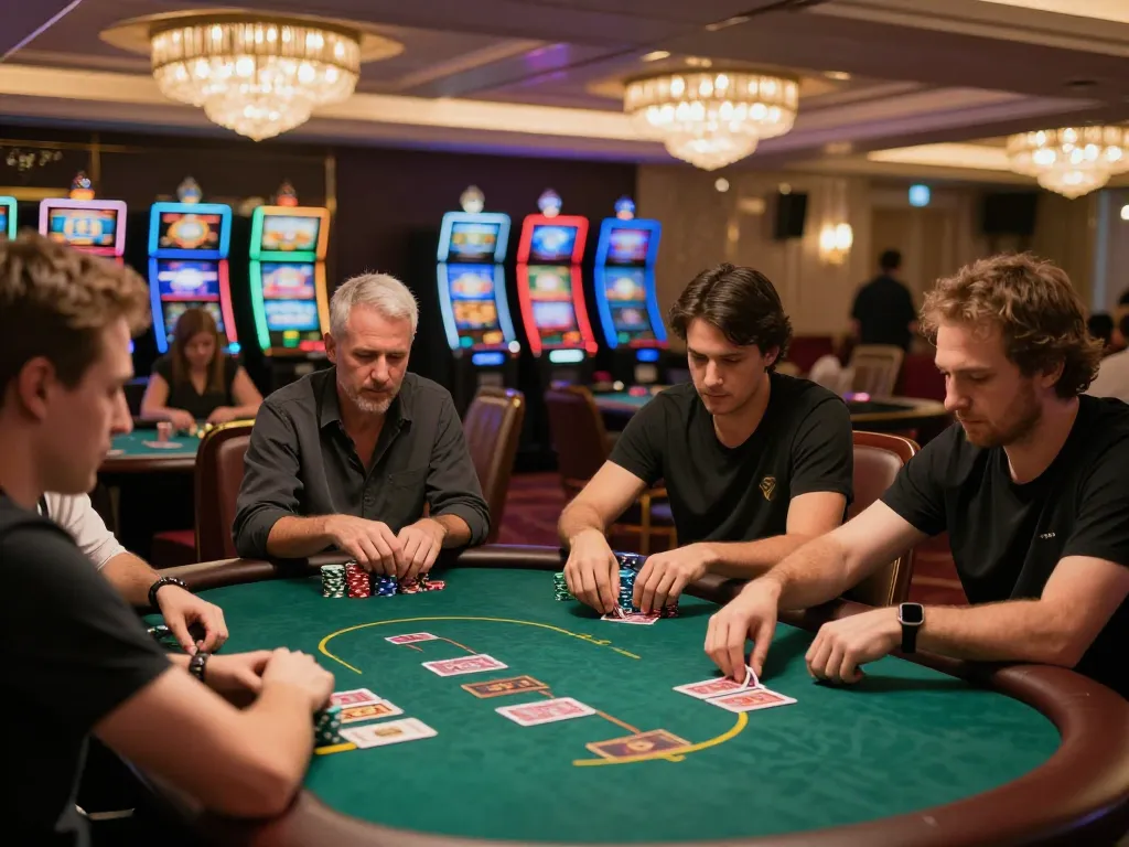 GG777 poker players strategizing at an upscale table in an elegant casino