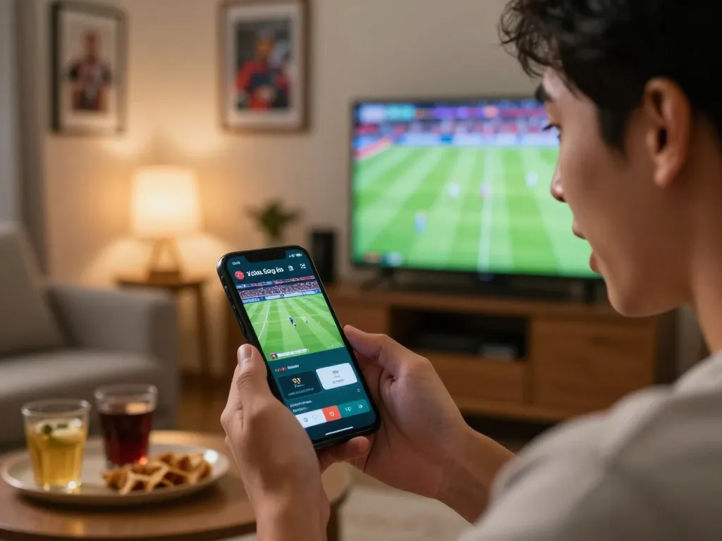 Xoilac bóng đá app in action as a football fan places bets from the comfort of their living room, capturing the spirit of online sports betting.
