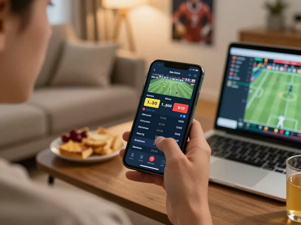 Player strategizing on dn88 sports betting app, showcasing live odds and game stats in a cozy setting.