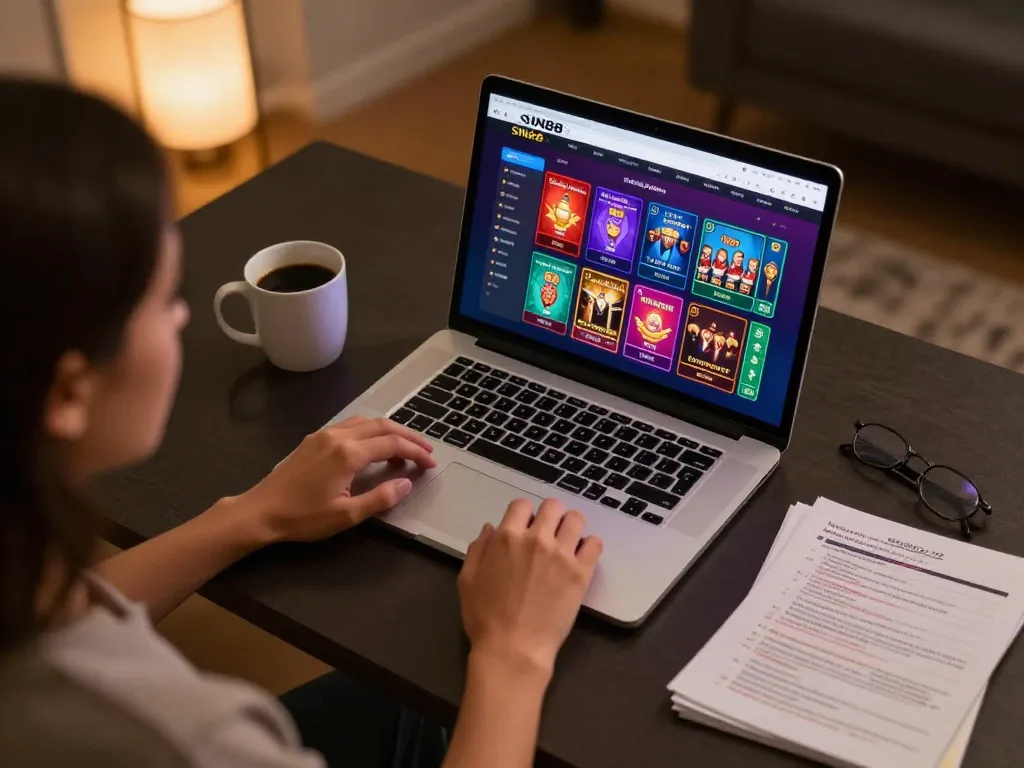 SIN88 gaming scene featuring a user engaging with the laptop for online betting, showcasing excitement.