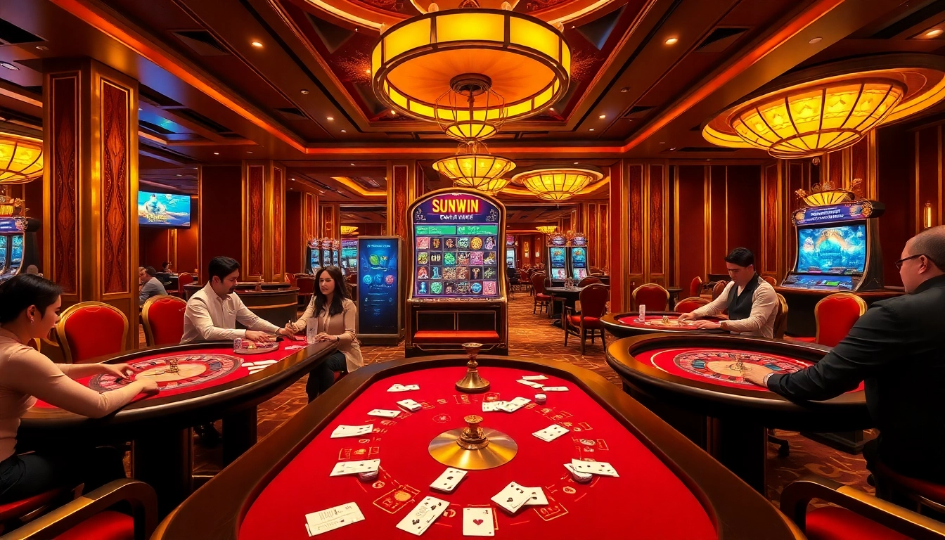 SUNWIN platform showcasing an exciting casino scene with poker tables and slot machines.