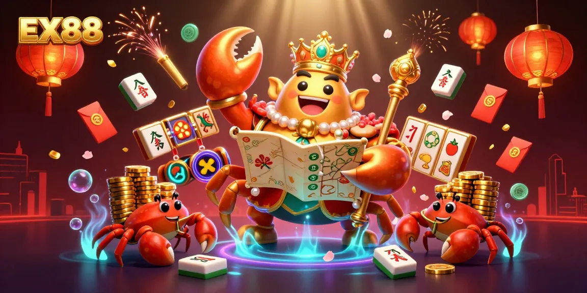 Engage in winning strategies with EX88’s captivating golden crab emperor in a vibrant casino scene.