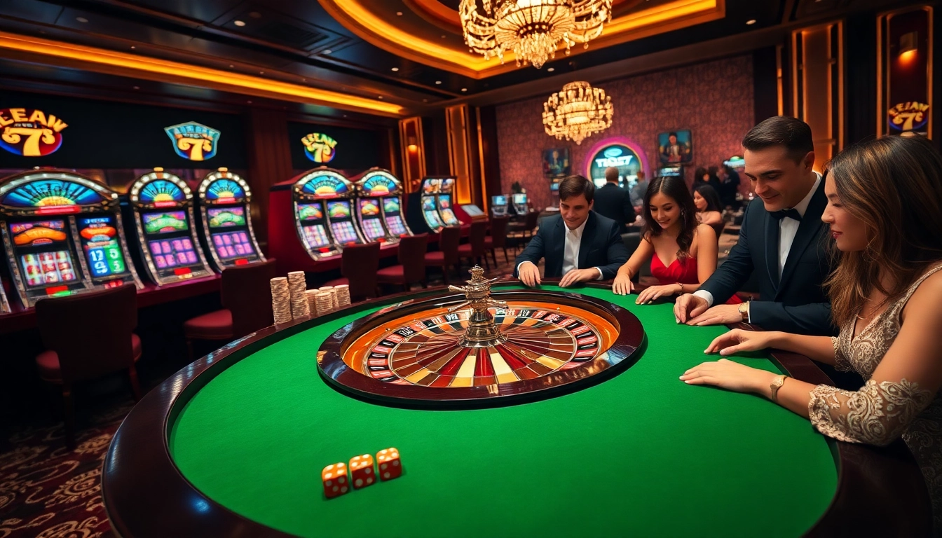 Experience the thrill of surewin as players enjoy a luxurious casino scene with roulette and slot machines.