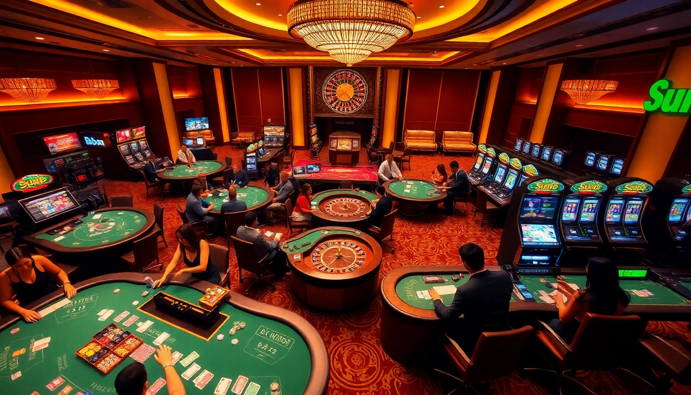 Exciting gambling scene at Sun88 with vibrant tables, cards, and slot machines