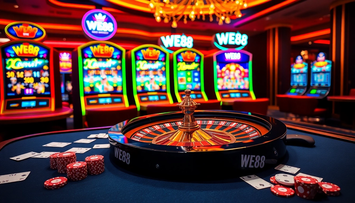 Experience the thrill of WE88 casino action with vibrant roulette and slot machines.