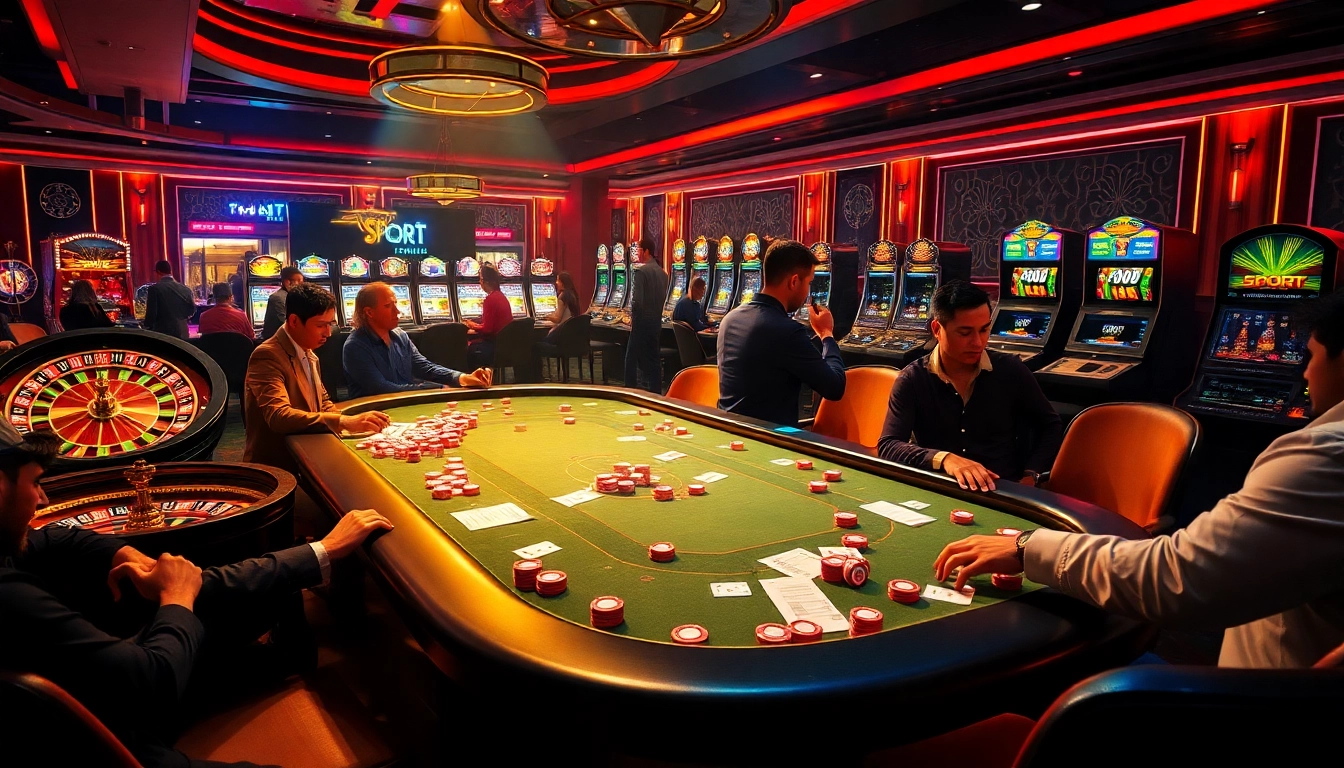Engage in thrilling gambling activities at Bsport's luxurious casino, featuring tables and vibrant gameplay.