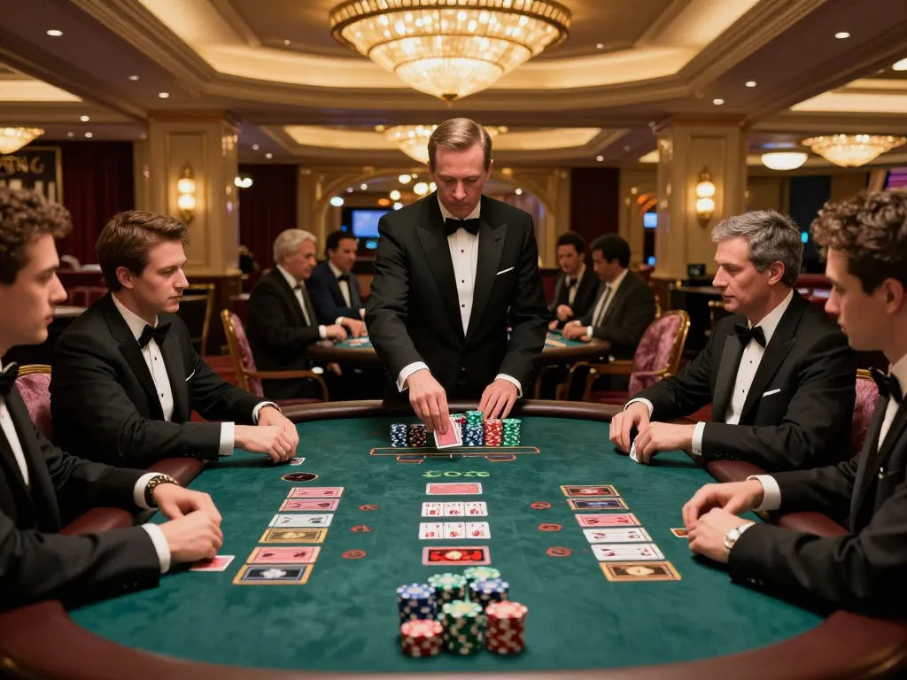 MB66 players strategizing at a high-stakes blackjack table in a luxurious casino.