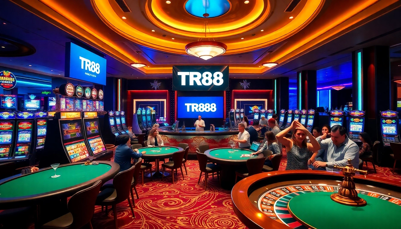 Engage in thrilling gambling at TR88 with vibrant casino tables and players celebrating wins.