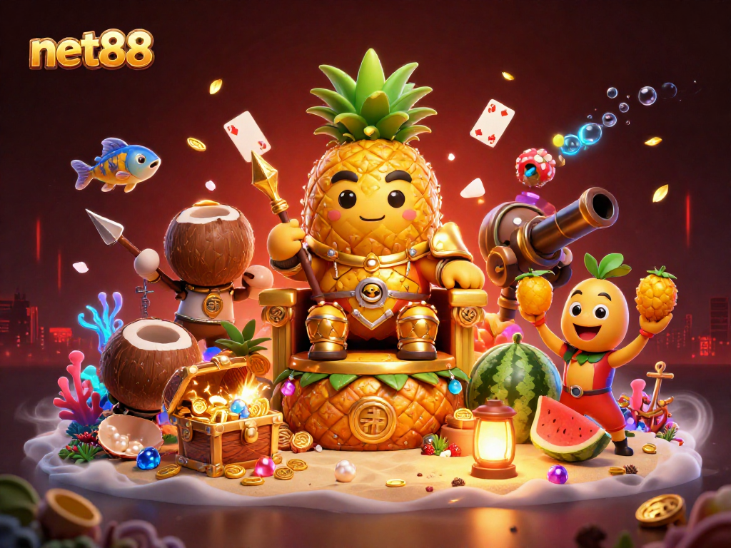 Experience the vibrant net88 casino scene with a pineapple king, playful jester, and treasures.