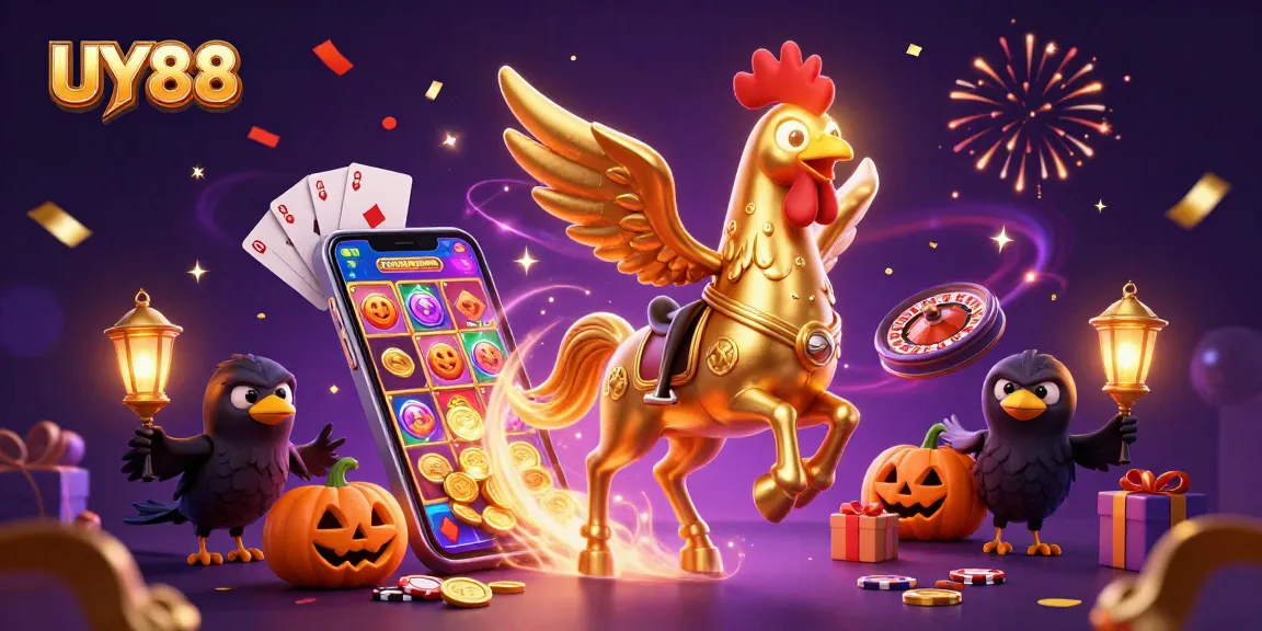 Experience the excitement of UY88 as a golden rooster ventures through a magical midnight casino.