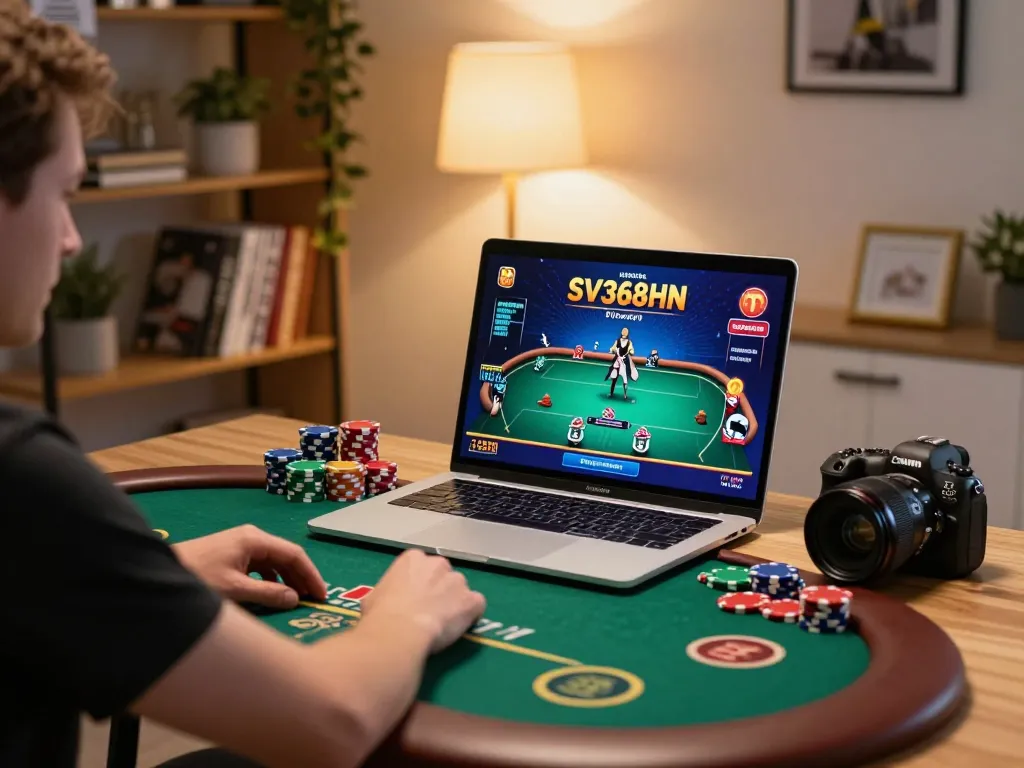 Engaged player betting on SV368HN poker game from stylish home desk