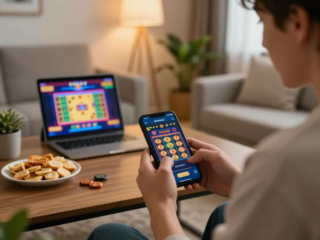 Engaged in slot gameplay on sunwin app in a cozy home setting.