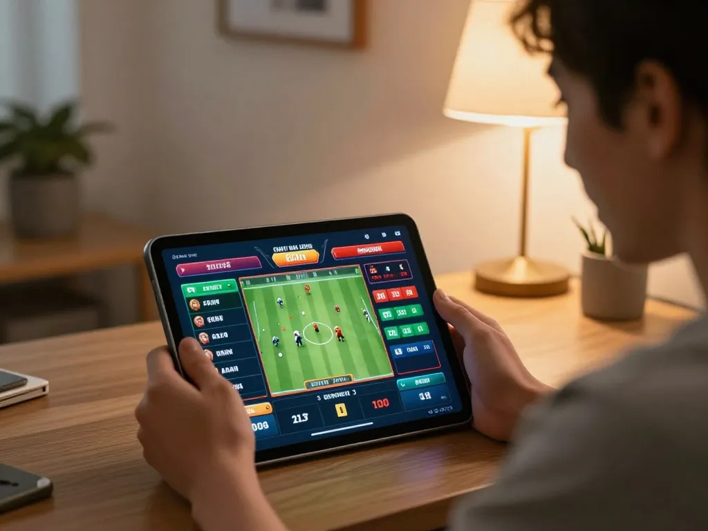 Engaged player reviewing live odds on Lucky88 betting app in a cozy home office setting