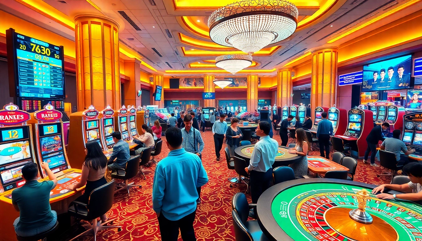 Dynamic gambling action at 88vn with players enjoying roulette and slot machines.