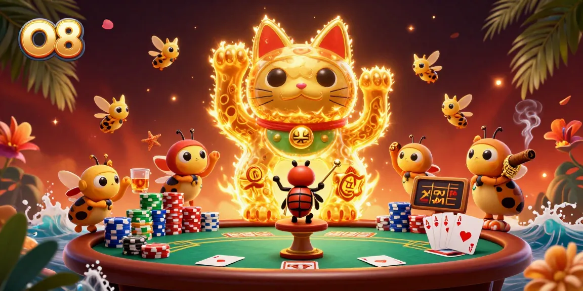 Engage with O8's dynamic casino scene filled with colorful poker elements and symbols.