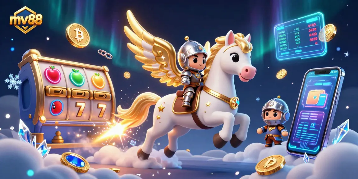 Join the excitement at mv88 with a celestial horse, knight, and vibrant slot game elements.