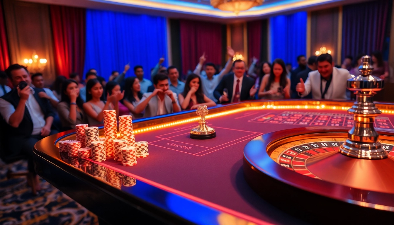 Betting at the S8 casino table with vibrant poker chips and excited players enjoying the atmosphere.