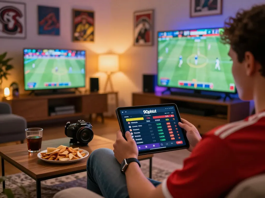 The user engaging with the 90phut betting interface on a tablet, showcasing sports betting strategy.